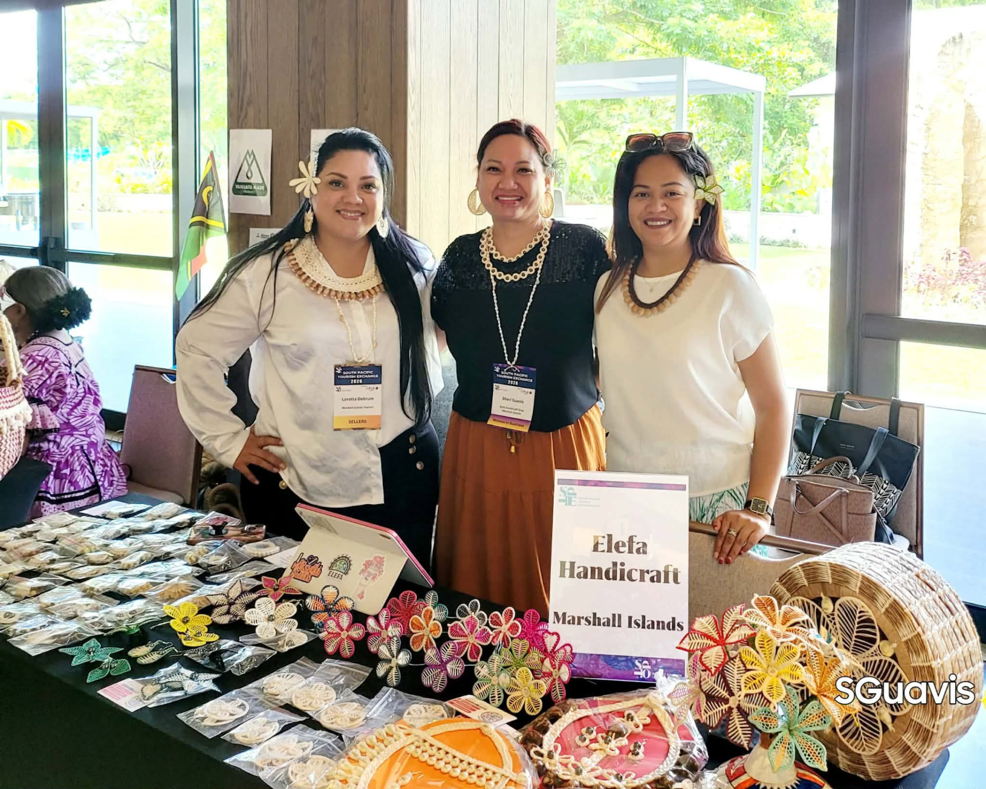 A handicraft stall with woven flowers, baskets and shell jewellery from the Marshall Islands